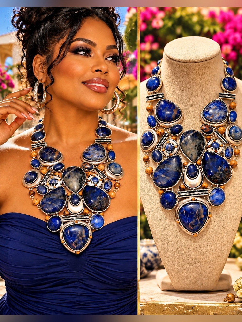 Chico's Blue and Tan Natural Sodalite Stone Statement Bib Necklace